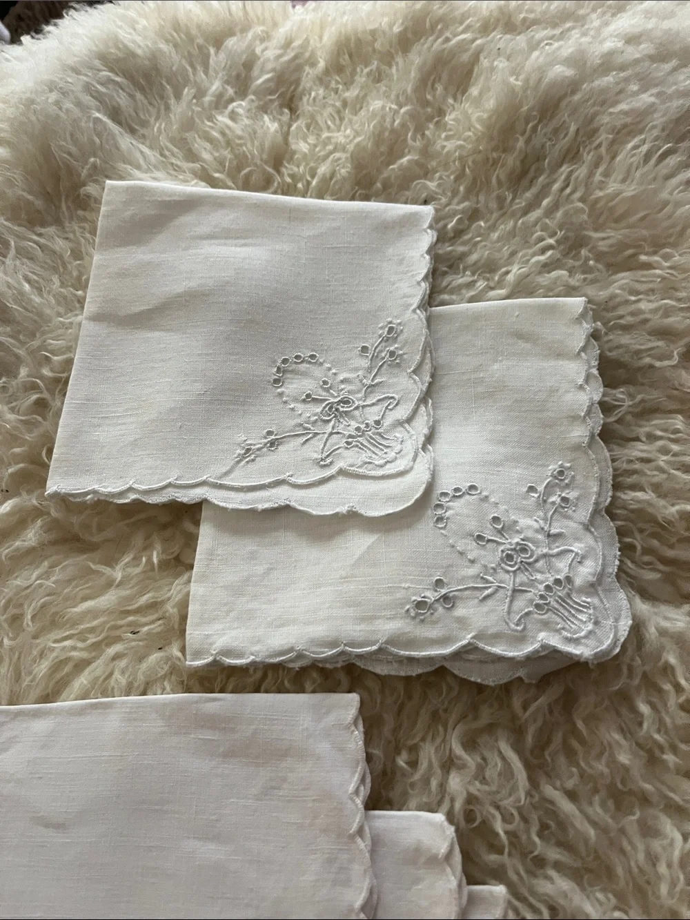 Set of White Embroidered Linen table napkins